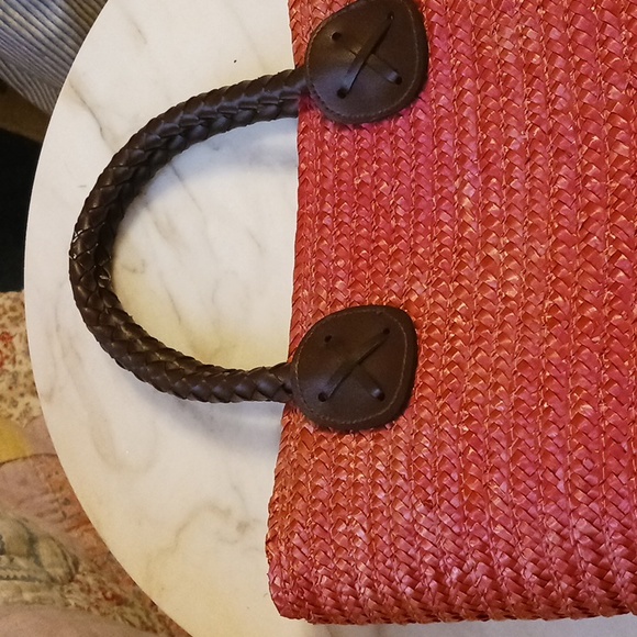 Pink Straw Satchel, 12 X 10, Vintage 1990s Bag, Linen Lined - Picture 2 of 6